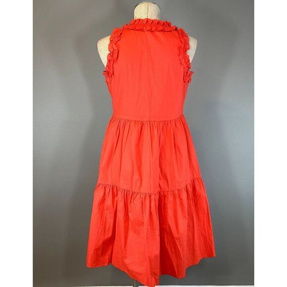 Maggy London Ruffle V- Neck Tiered Cotton Trapeze Dress in Orange Size - Picture 3 of 4